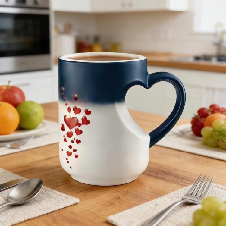 Stylish Ceramic Drinking Cup With Lovely Heart Handle And Fade Resistant Print Color Changing Coffee Mug