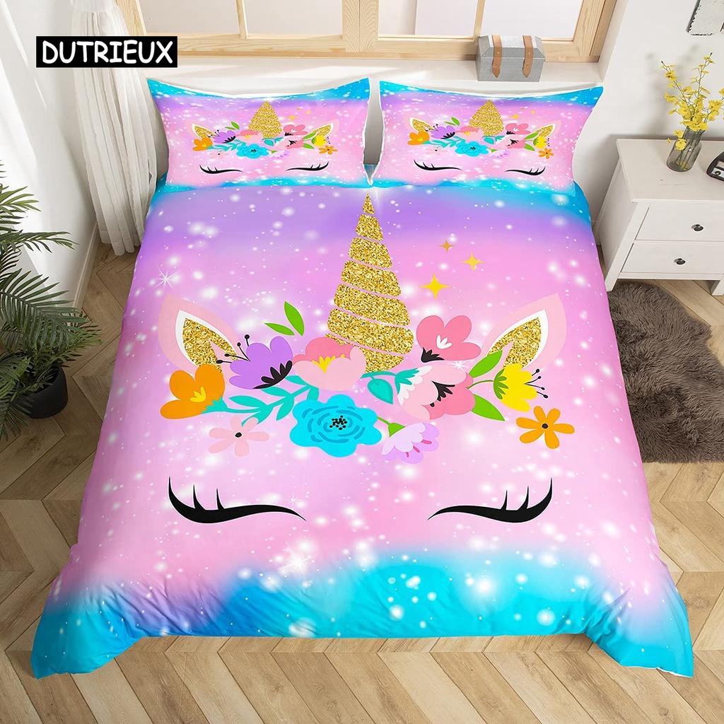 Dolphin Comforter Cover King Size Cute Unicorn Duvet Cover Cartoon Animal Pattern Bedding Set Blue Ocean Beach Theme Quilt Cover