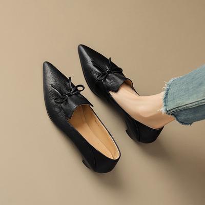 Retro Bow Pointed Head Deep Mouth Single Shoes Women's Thick Heel Soft Leather One Pedal Middle Heel Black
