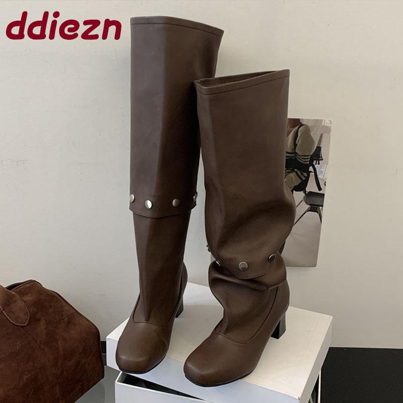 Fashion Female Square Heels Modern Ladies Knee High Boots Shoes Fashion Rivet Women Western Long Boots Pumps Shoes New Autumn Winter