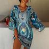 Frühling Herbst Neu Damen Ethnischer Stil Bedrucktes Langes Ärmel V-Ausschnitt Freizeitkleid