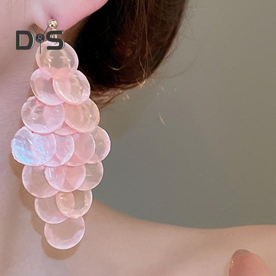 1 Pair Long Style Multi-Layer Drop Earrings Translucent Metal Needle Design Artificial Crystal Shell Tassel Earrings