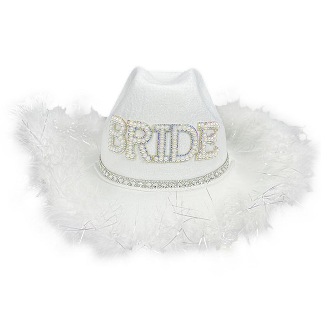 Handmade Wedding Party Cowgirl Hat with Pearl BRIDE Letter Bridal Western Fedoras Hat with Plush Trim for Photography