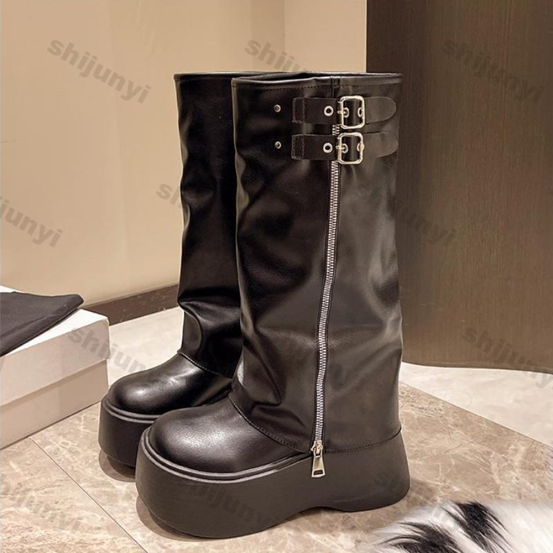 Fashion Women Fashion Platform Pile Western Ankle Boots Women Autumn Brown Chunky Heel Trouser Boots Thick Sole Knee-high Knight Booties