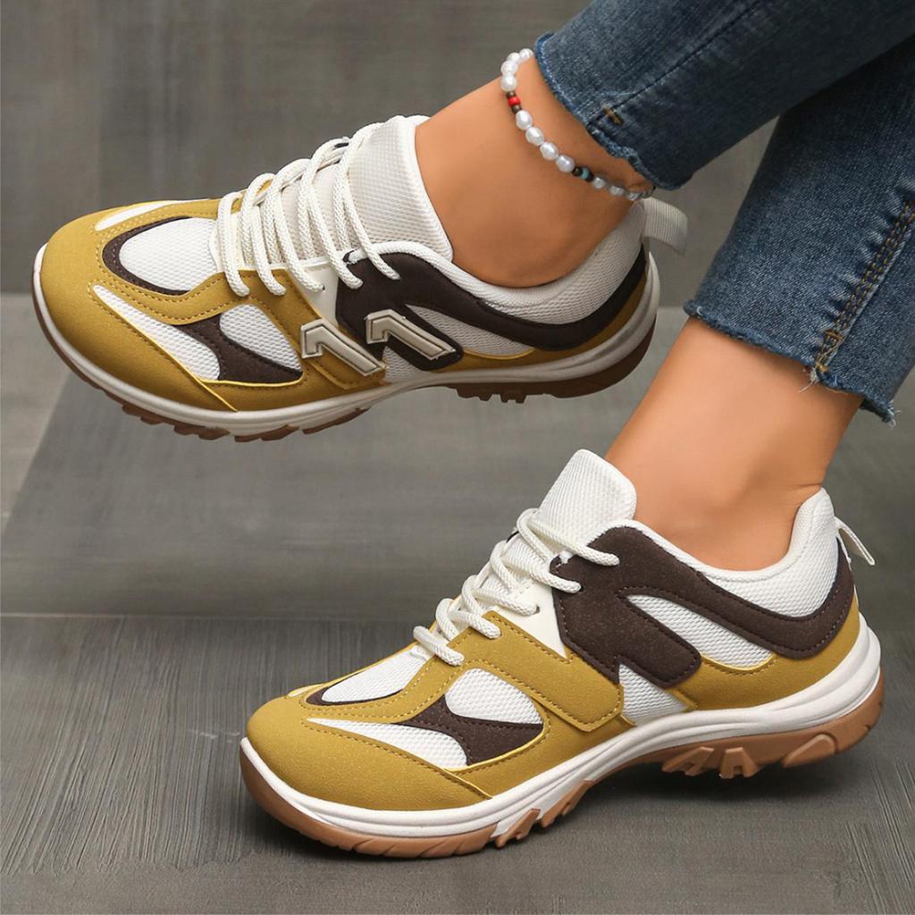 Fashion Fashion Gray Yellow Mix Color Non Slip Hiking Shoes Women 2025 Autumn Breathable Lace Up Sneakers Comfort Soft Sole Sports Shoes