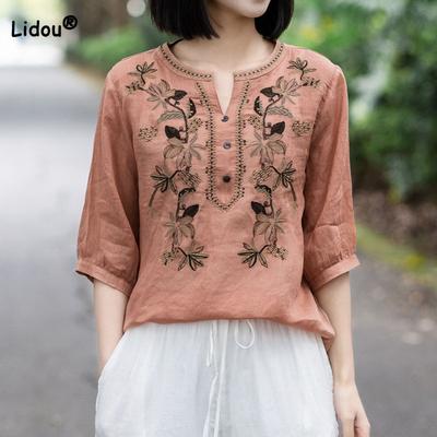 Damenmode Stickerei Gespleißt Einfarbig V-Ausschnitt Hemd Sommer Damenbekleidung Neu Vintage Locker Lässig Halbarm Bluse