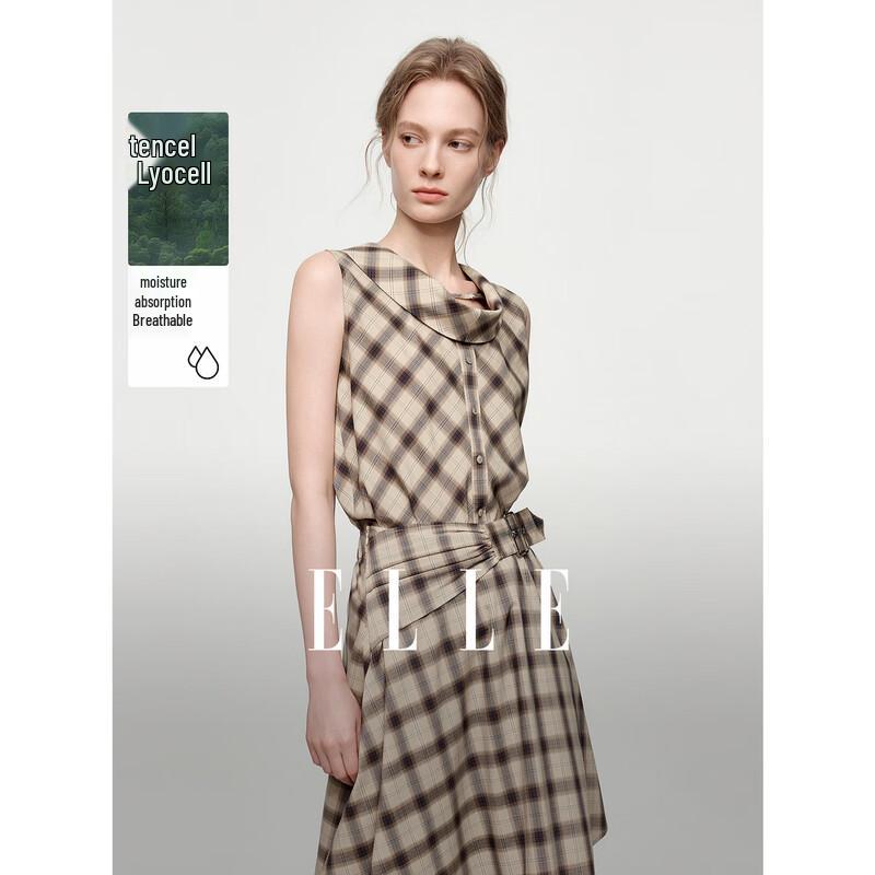 ELLE Women s Retro Plaid Sleeveless Pleated Tencel Shirt S