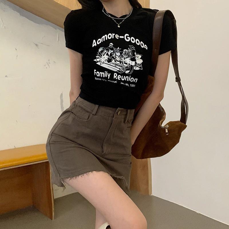 

Short-sleeved T-shirt for women s summer new ins trendy Korean version half-sleeved slim-fitting high-waisted short student top for women M чёрный