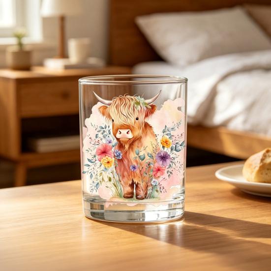 Bicchiere in Vetro Mucca delle Highlands, Bicchiere Termico Acquerello Floreale Dipinto a Mano, Tazza Trasparente per Latte Caffè Whiskey, Regalo per Amanti degli Animali