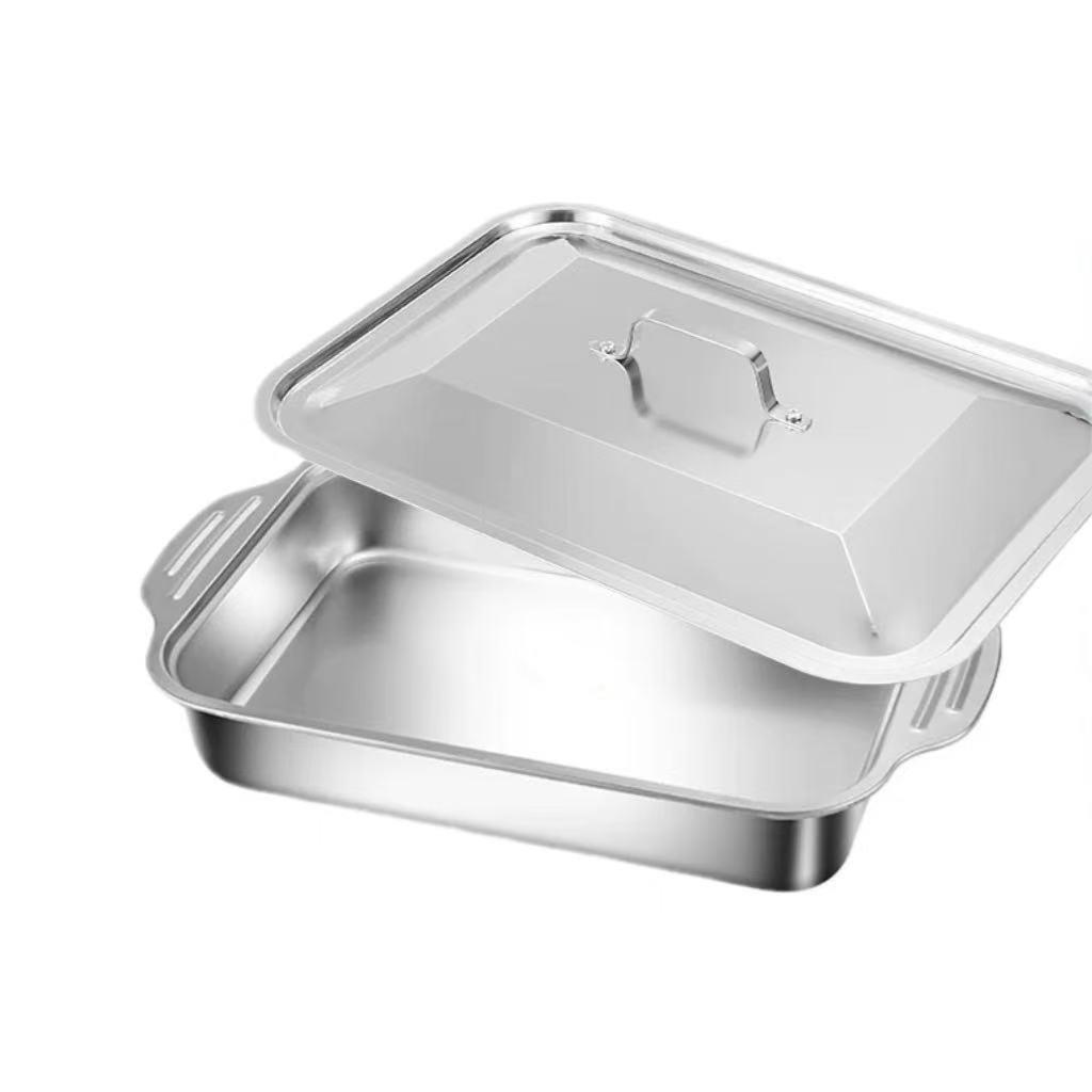 Rectangular Stainless Steel Grilling Pan with Lid for Fish & Crayfish, Induction Compatible, Deep Design