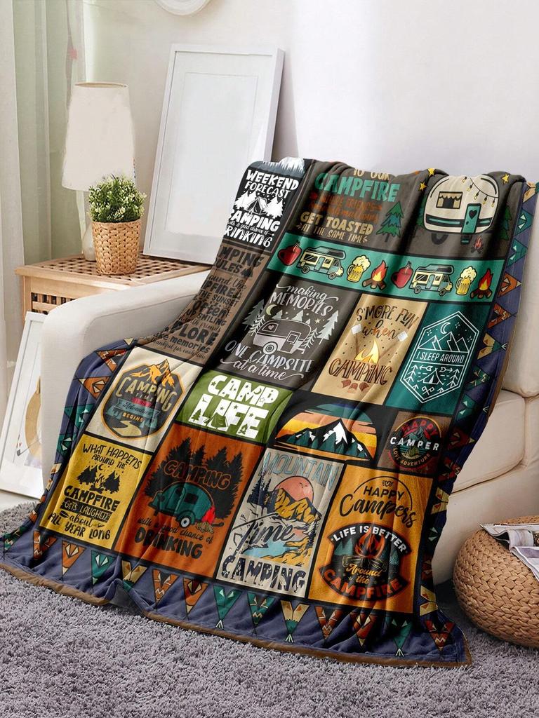 1 Stück Camping-Thema Hip-Hop-Decke Flanelldruck-Decke Für Camping & Reisen Geeignet Für Sofas Schlafzimmer Wohnzimmer Und Betten