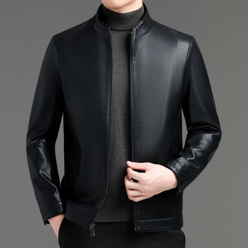 Leather Jacket Spring and Autumn Stand Collar Leather Jacket Men's Casual Middle-aged Dad Wear Sheepskin Leather Jacket Coat
