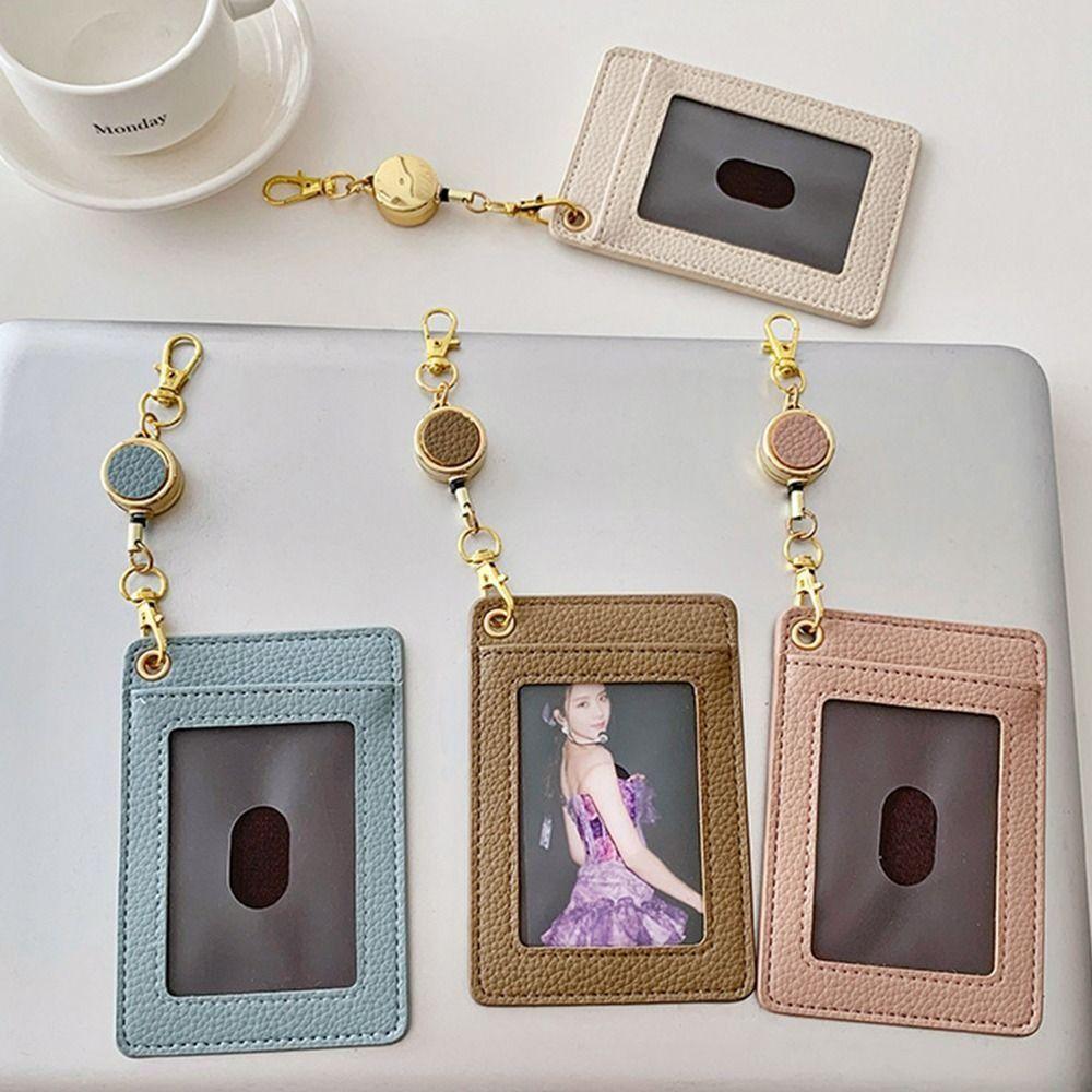 Retractable Work Badge Reel PU Leather Student Card Sleeve Compact ID Card Holder Work Use