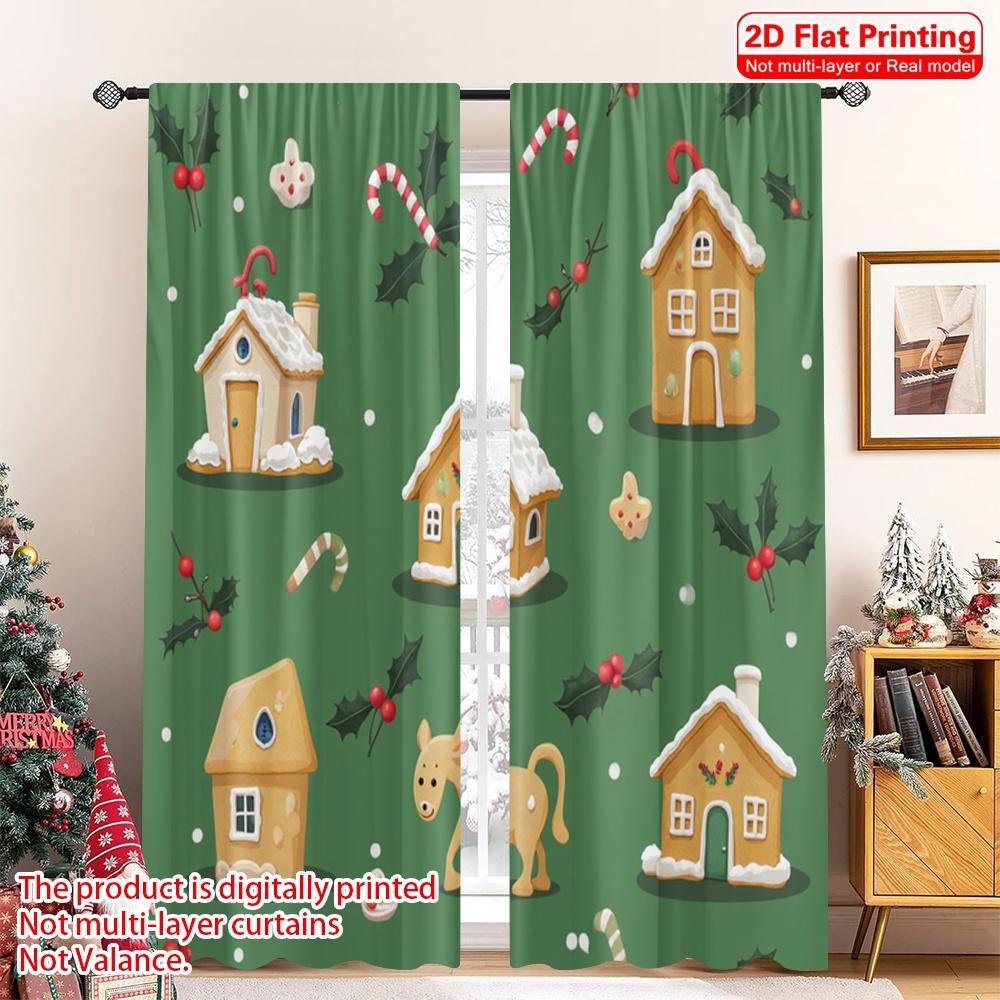 

2pcs 2D flat printing Merry Christmas Popular Window Curtains Christmas gingerbread houses candy canes 100% Polyester Fabric 52.50×116.00 CM 2pcs