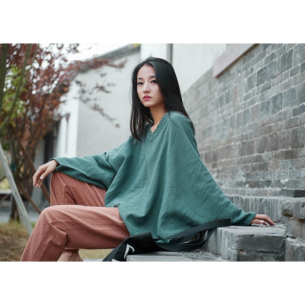 Bat Sleeve T-Shirts Vintage Women Cotton Linen V-Neck Solid Color Women Cloths Casual T-Shirts