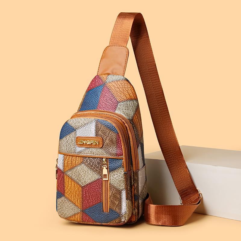 Farbblock Brusttasche Damen Print Schultertasche Umhängetasche Mehrfachtasche Handytasche
