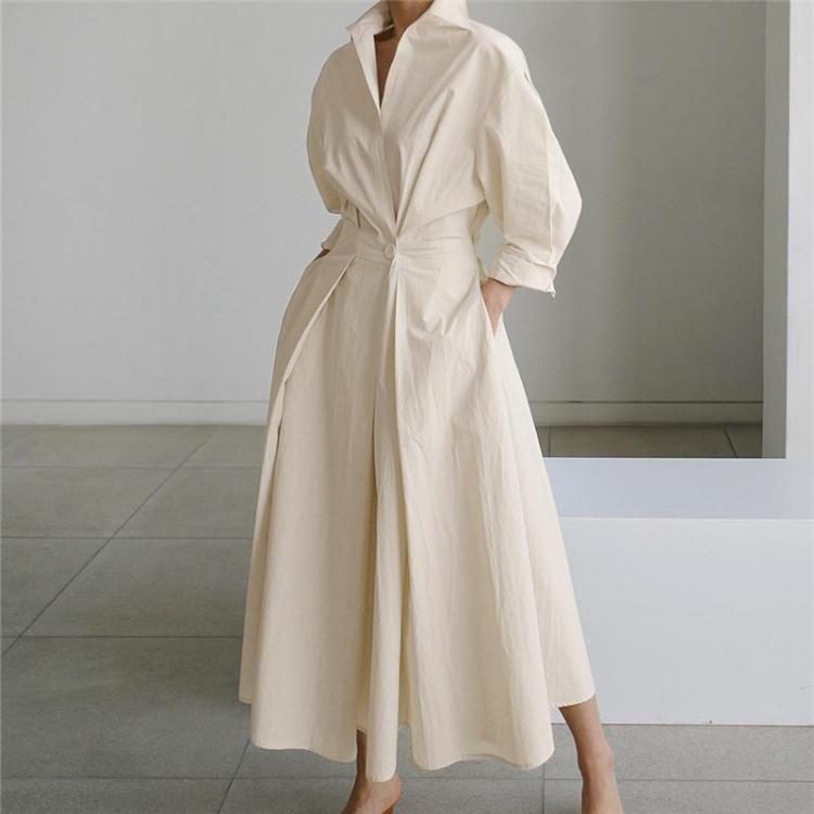 Long Sleeve Long Dress Casual Loose Turn Down Collar Women S бежевый