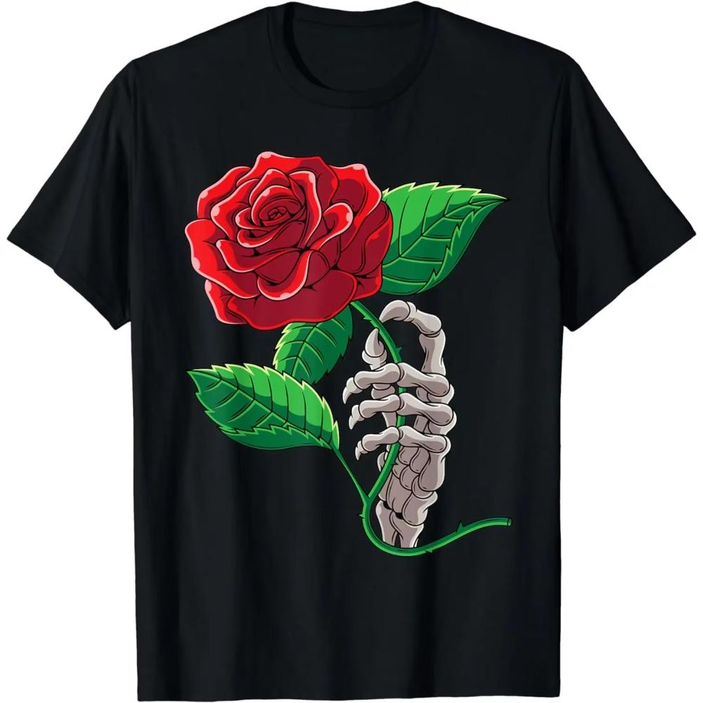 Skeleton Hand Red Rose Flower Romantic Aesthetic Tattoo T-Shirt Aesthetics Cosas Clothing Tees  Women Clothes  Y2k Top