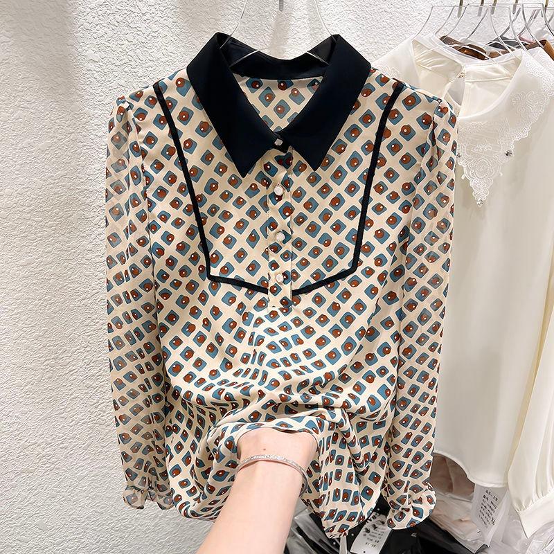 Korean Style Slim Lapel Color-blocking Printing Age-reducing Long-sleeved Chiffon Shirt Thin Top