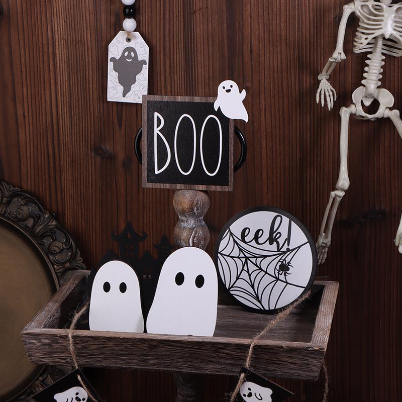 Halloween Tiered Tray Decor Set Cute Wooden Black White Tray Wooden Sign Ghost Wooden Halloween Theme Party For Home Decoration