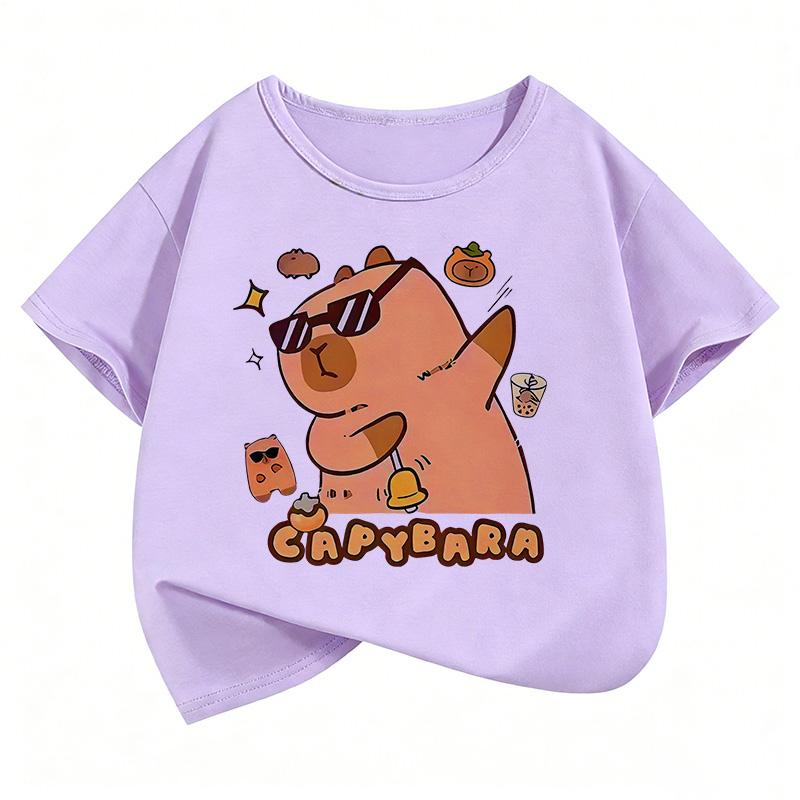 Summer Spring Cute Capybara Print Round Neck Short Sleeved Tee Shirt for Boys and Girls Fashionable Simple Childrens Tshirt
