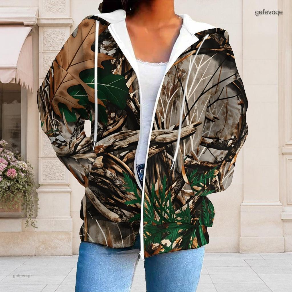 Women Plus Size Zip Up Hoodie Long Sleeve Leaf Camouflage Print Drawstring Sweatshirt With Pockets