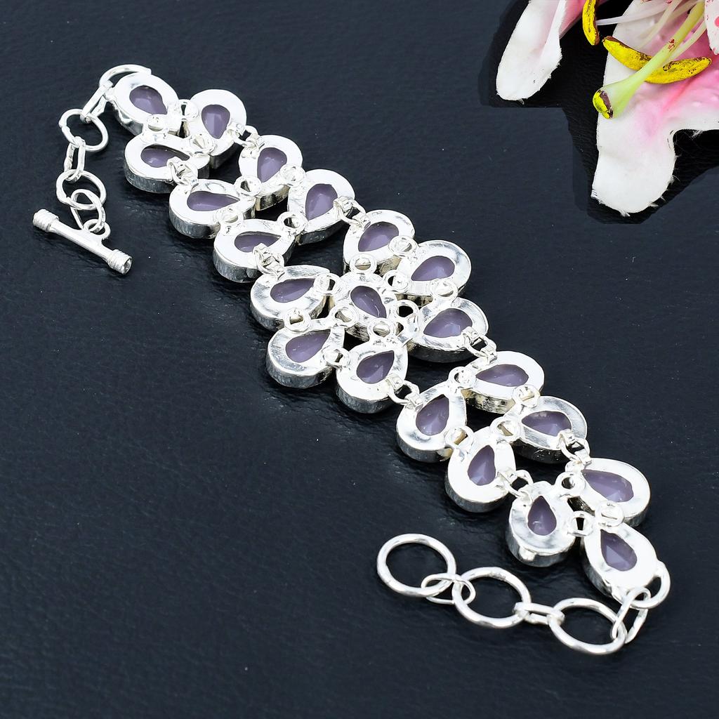 Pink Chalcedony Gemstone Handmade 925 Sterling Silver Bracelet 7-8" KG-378