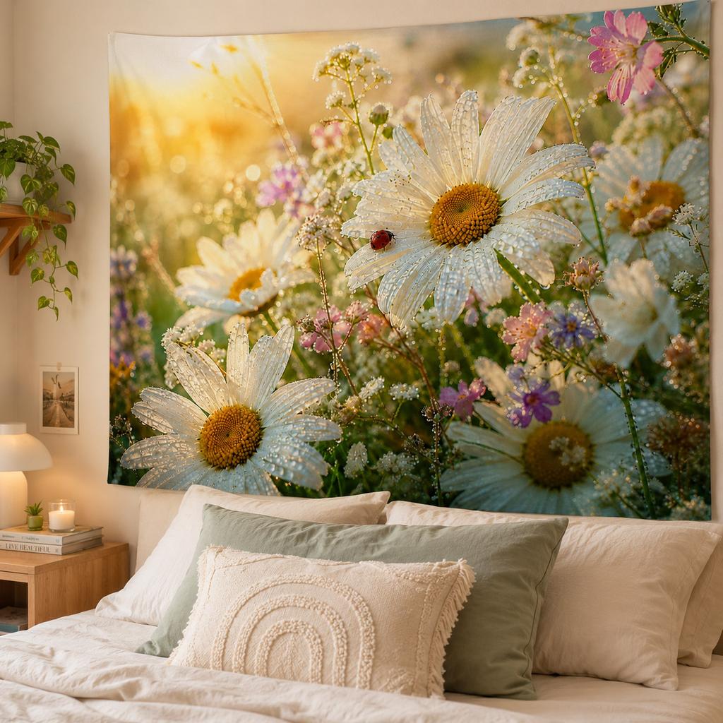 Daisy Wildflower Tapestry Sunshine Ladybug Nature Scenery Wall Hanging Large Soft Polyester Background Cloth Cottagecore Aesthet