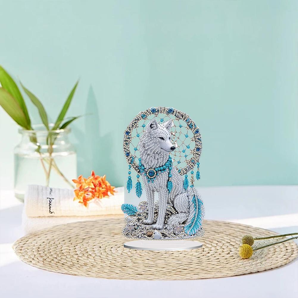 2D Flat Wolf Dreamcatcher Decor DIY Desktop Diamond Art Kits Animal Special Shaped Diamond Painting Craft Ornament for Home