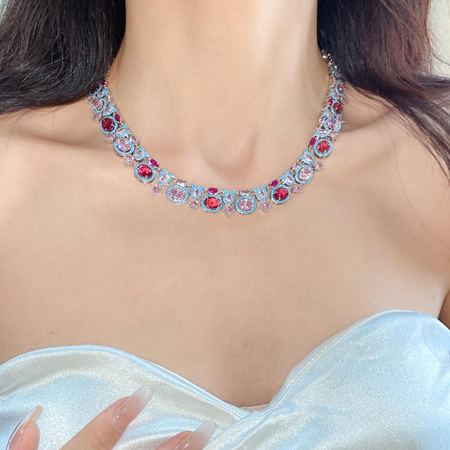 Zircon Shiny Oval Buckle Jewelry Set - Exquisite Retro Court Style Necklace & Bracelet