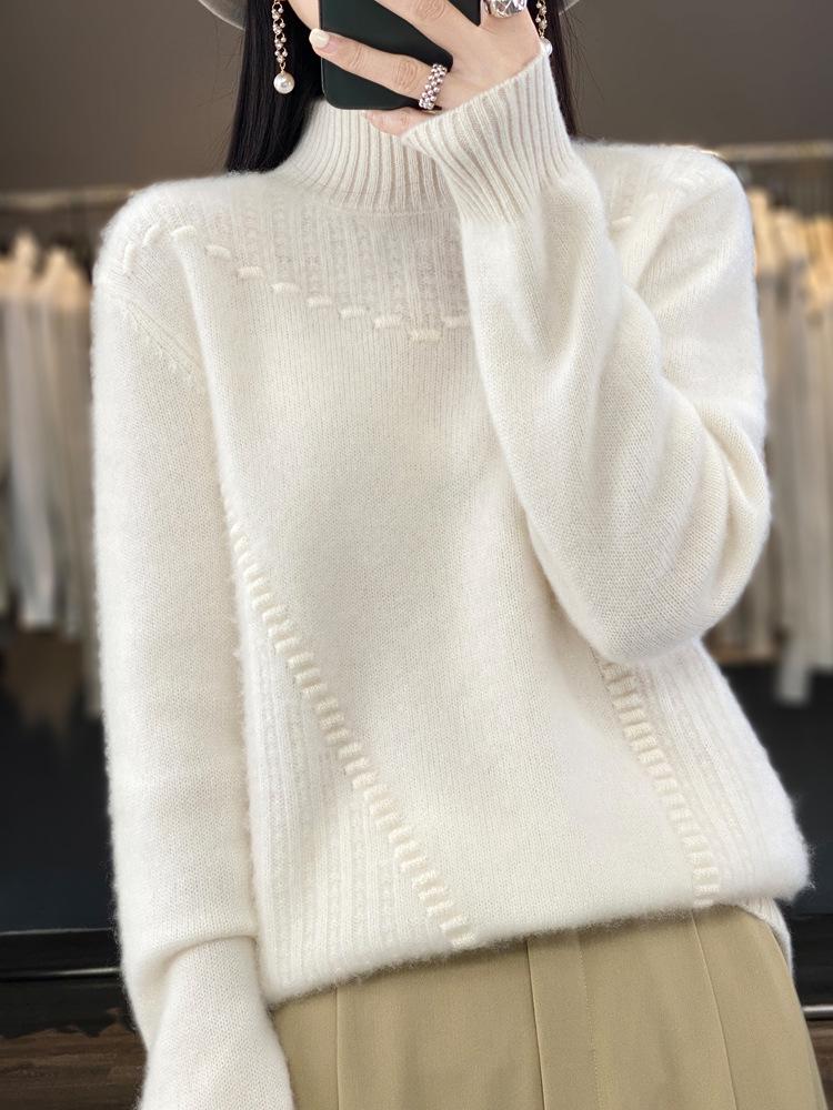 Women's 100% Pure Wool Jacquard Sweater - Soft, Fluffy, Thickened Half-High Collar, Loose Fit, Solid Color.