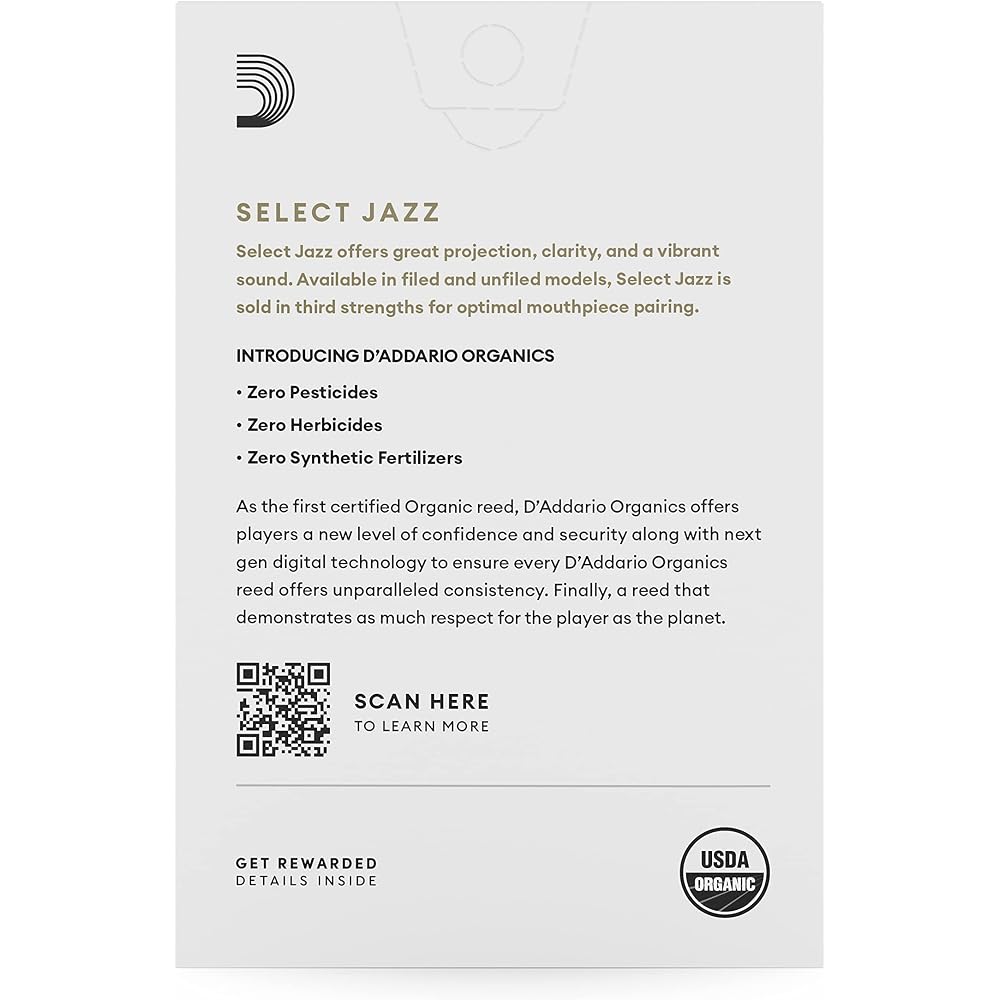 D'Addario WoodWinds Daddario Reed for Alto Saxophone USDA Organic Certified SELECT JAZZ Filed ORS...