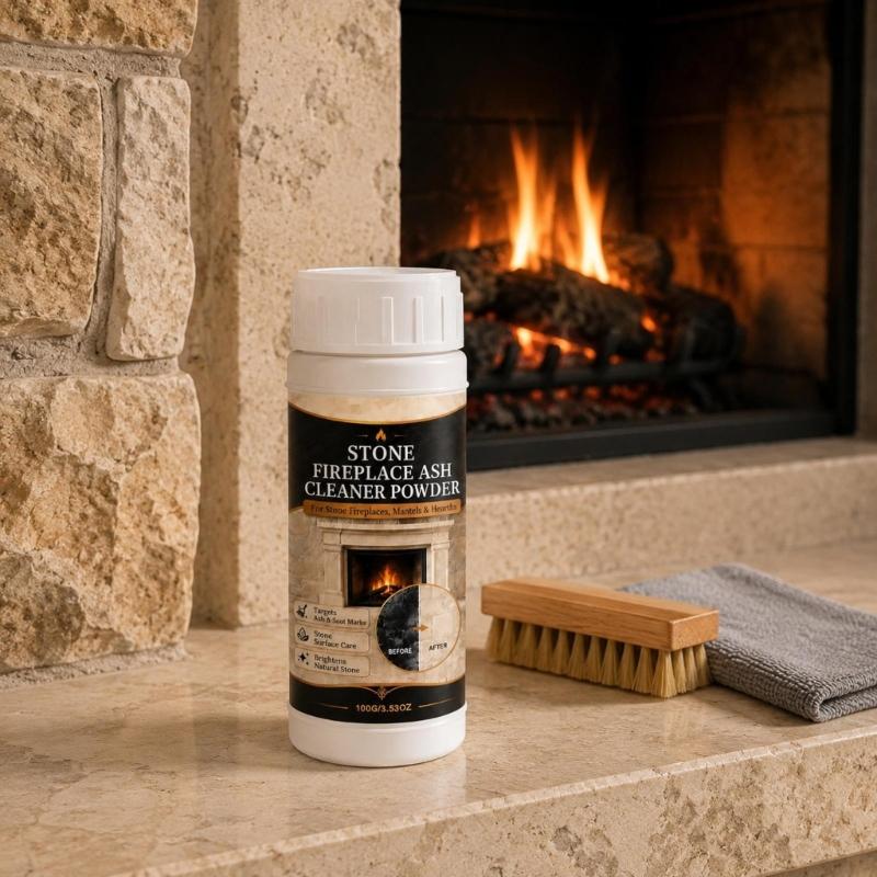 Fine Stone Hearth Cleaning Powder in a Plastic Bottle for Soot Care, Controlled Dispensing, Routine Mantel Cleaning and End-of-Season Surround