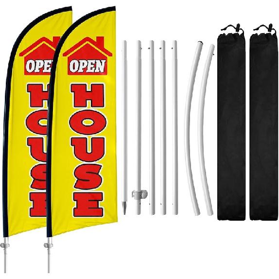 2 Pack Real Estate Agent Flags, 8FT Open House Signs with Flagpole Kit, Ground Stake, Windless Open House Supplies Flag Banner for Events,