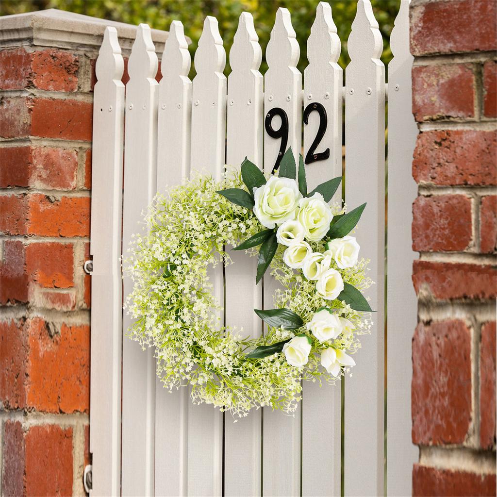 Artificial Spring Wreath White Rose Wreath Summer Wreath for Front Door, Wall, Wedding, Indoor and Outdoor Decorations