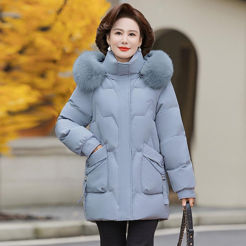 

Аутентичный женский зимний пуховик средней длины с воротником из натурального меха для женщин среднего и пожилого возраста XL 80–110 jin светло-синий