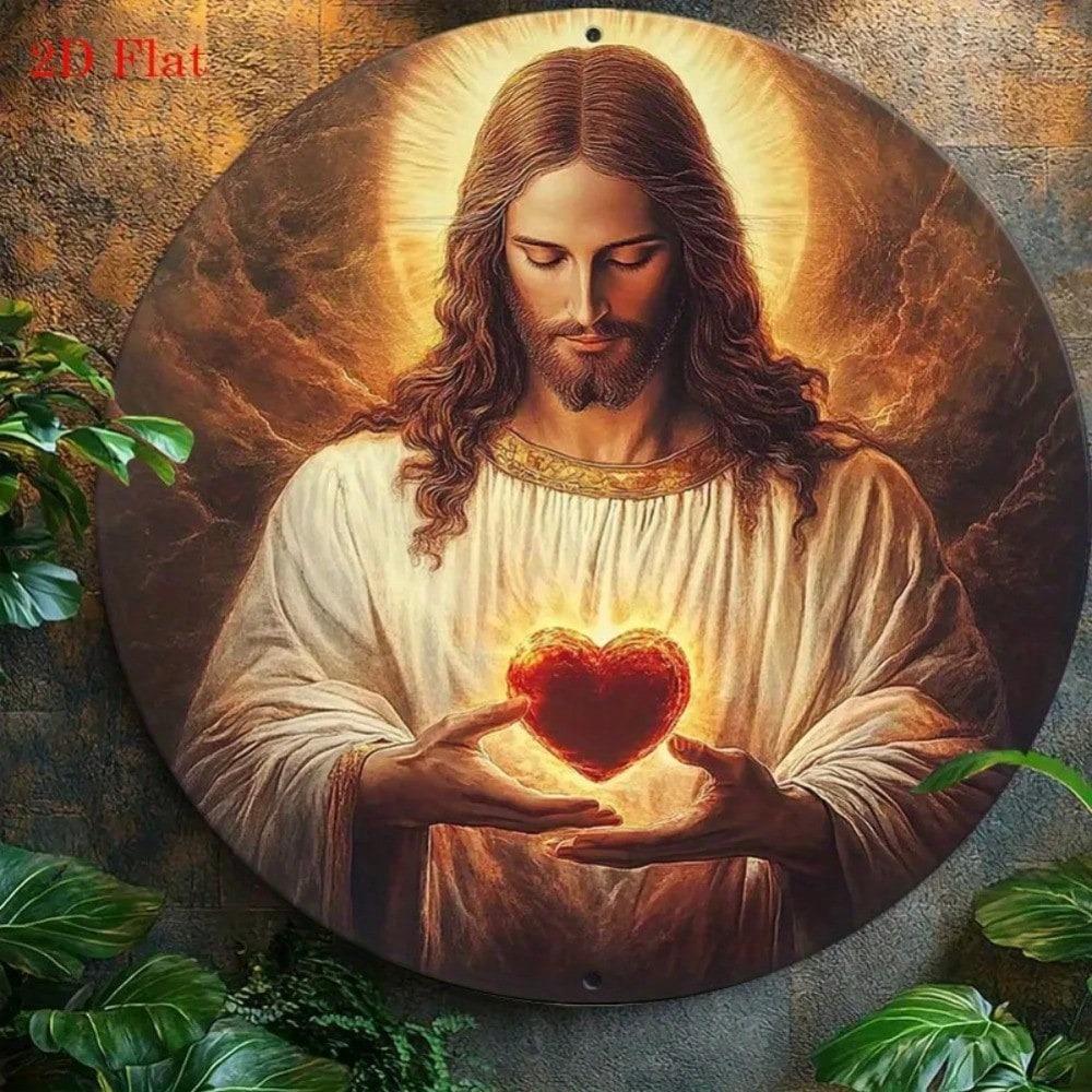 Arte da Parete in Metallo Sacro Cuore di Gesù Segno Rustico in Ferro Regalo Spirituale Cristiano Decorazione Casa Chiesa 20x20 cm