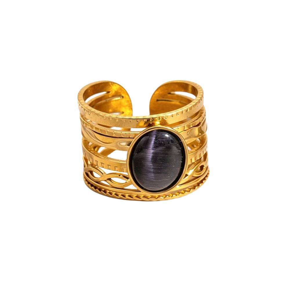 Stainless Steel Geometric Hollow Ring Hollow Pattern Colored Stone Ring Open Ring For Women