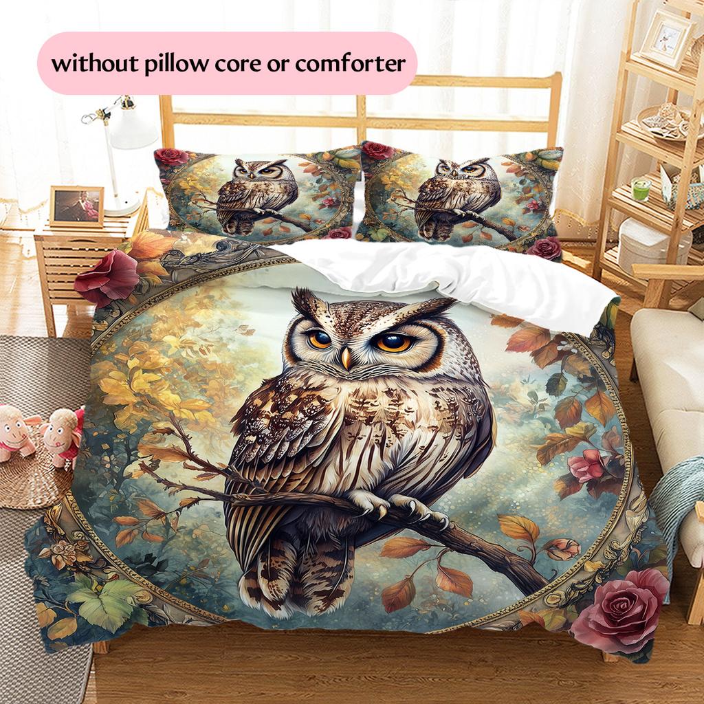 Eule auf Ast Muster Bettwäsche Quilt Set Heimdekoration Geschenk (1 Bettbezug + 2 Kissenbezüge, ohne Füllung)
