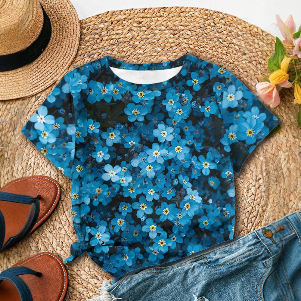 Summer Round Neck 3D Blue Flower Print Top Fashionable Casual Short Sleeved Women's T-shirts