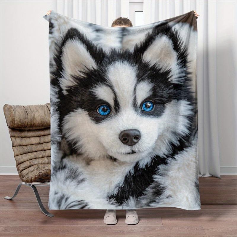 1pc Cute Husky Puppy Print Portable Blanket- Lightweight Flannel Throw for Sofa Bed Travel Camping Livingroom Office