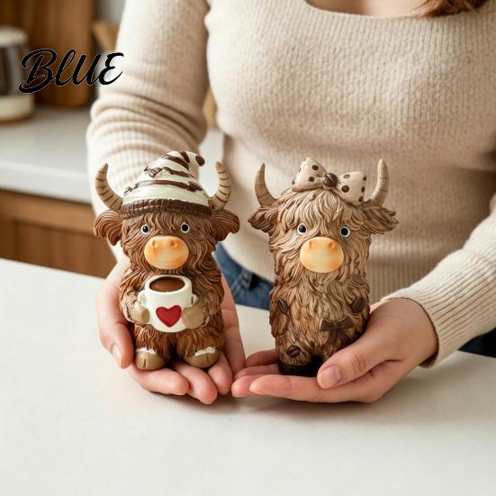 Farmhouse Kitchen Decor Highland Cow Figurine Resin Coffee Statue for Home Decor Artistic Floral Figurines Country Style Tabletop Ornament