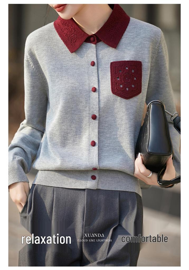 Women's Retro Versatile Cardigan: Fine Spun Wool, Soft Polo Collar, Covered Buttons, Contrasting Colors—Perfect for Spring and Autumn.