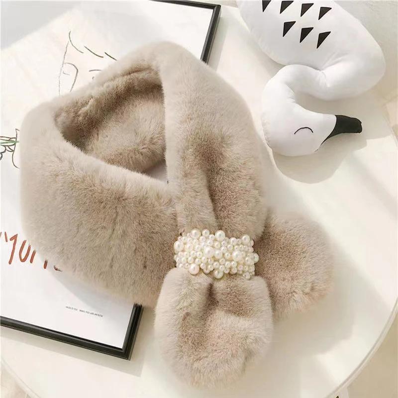 Pearl Scarf Winter New Style Thickened Korean Version of Cross-warmingwool Wool Rabbit-like Neck Collar