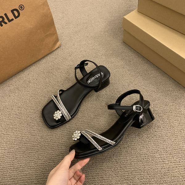 

Fashion Clear Heels All-Match Med Chunky Sandals Female Shoe 2025 Women s Medium Block Girls New Rhinestone Summer Outside Crystal 35