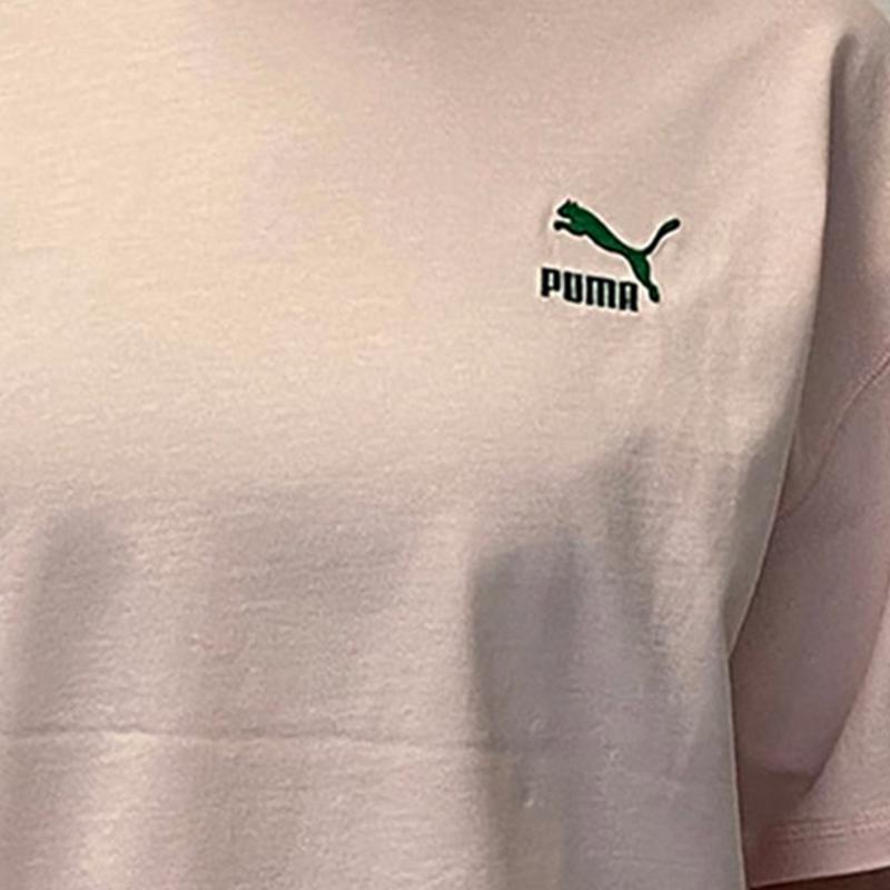 Puma Classics Court Girl Short Sleeve Tee Retro American Letter Logo Print Round Neck T-Shirt Women Tops Ice-Pink 622963-24