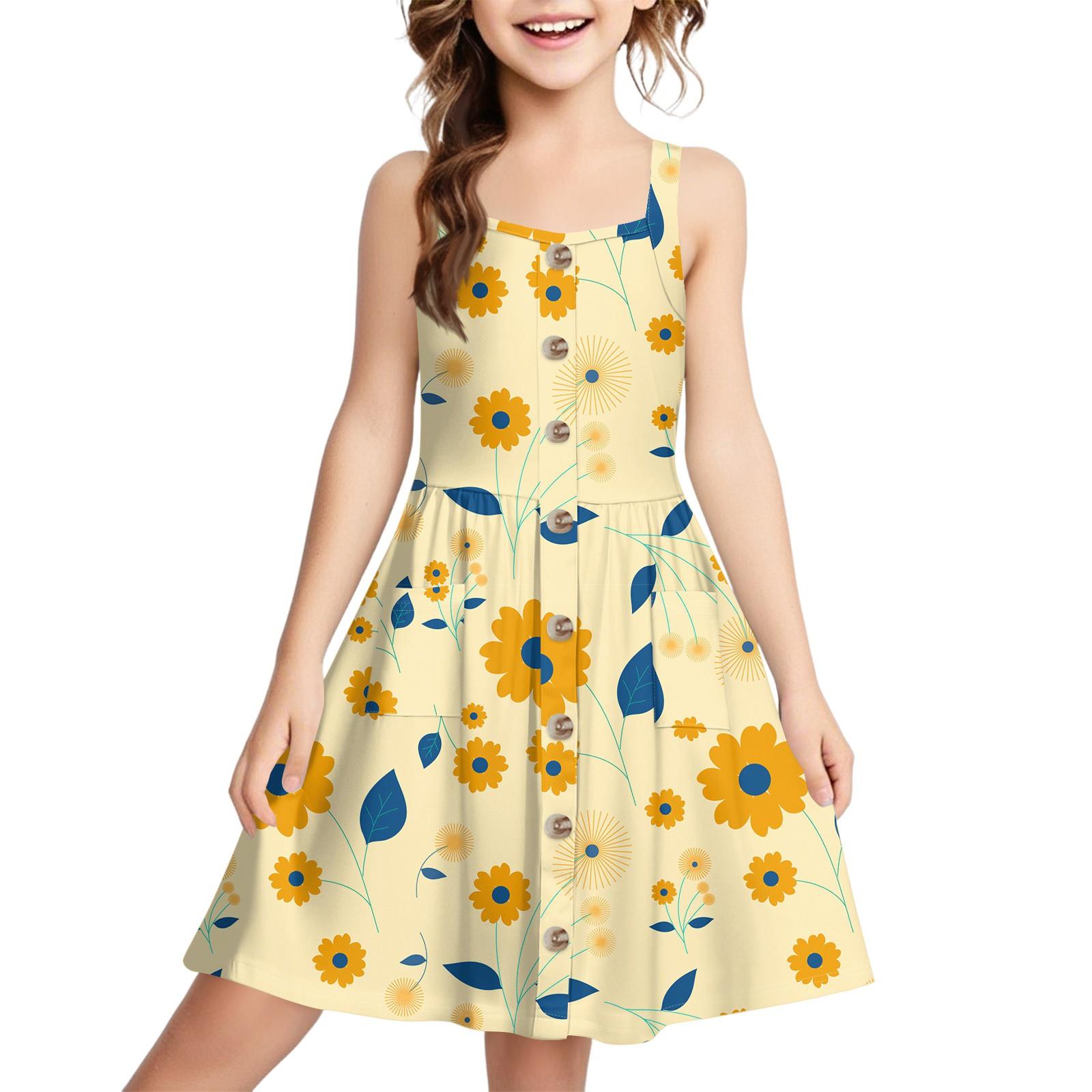 

Повседневное и модное платье-жилет с цветочным принтом, пряжками и без манжет для детей 160 жёлтый