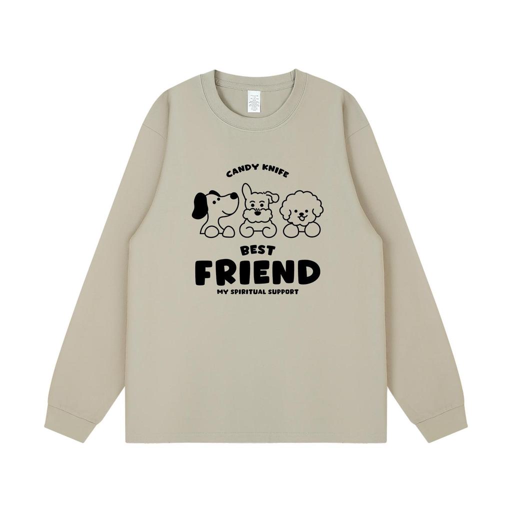 Korean Style Cartoon Print Retro Long Sleeve Cuffed T-Shirt for Couples