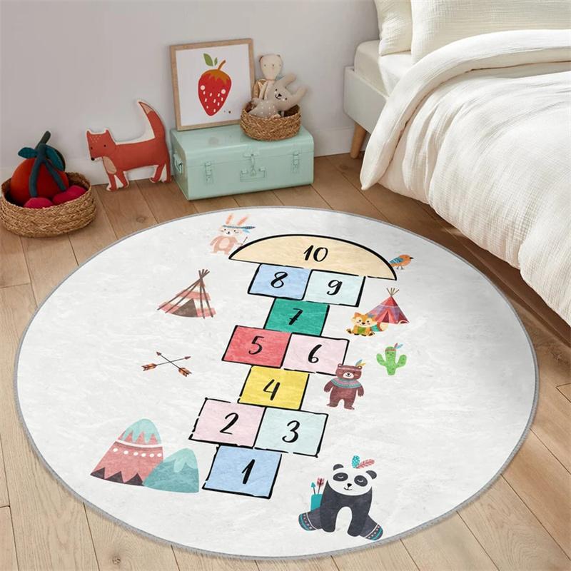 Kluk Kulatý Koberec Hopscotch Podlahový Koberec Zvířata Protiskluzové Kruhové Koberce Protiskluzová Podložka Koberce do Herní Zóny Béžový Koberec do Dětského Pokoje