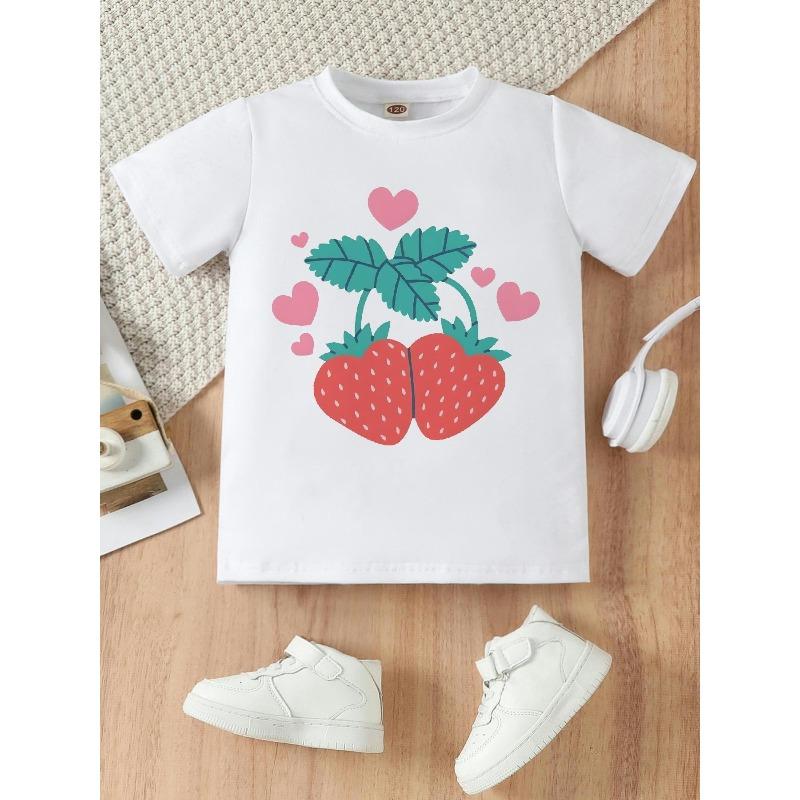 

European sizes Adorable Strawberry Print T-shirt for Girls | Casual, Stylish, Comfortable with Crew Neck, Medium Stretch Fabric, Perfect for Summer 164cm